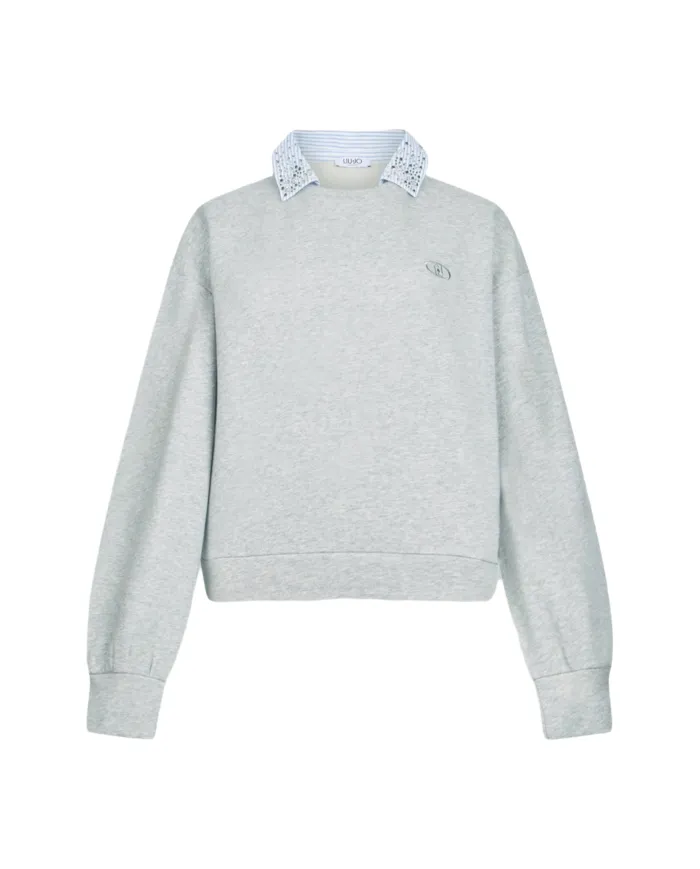 LIU JO Felpa Donna UF5254F0873 AI 25/26 cotone dotata di colletto con dettagli strass 03658 grigio mel stripe LIU JO Felpa Donna UF5254F0873 AI 25/26 cotone dotata di colletto con dettagli strass 03658 grigio mel stripe