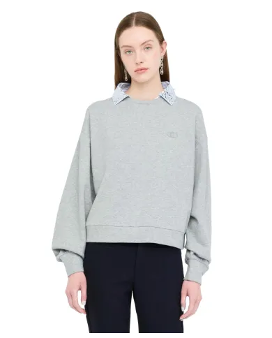 LIU JO Felpa Donna UF5254F0873 AI 25/26 cotone dotata di colletto con dettagli strass 03658 grigio mel stripe LIU JO Felpa Donna UF5254F0873 AI 25/26 cotone dotata di colletto con dettagli strass 03658 grigio mel stripe