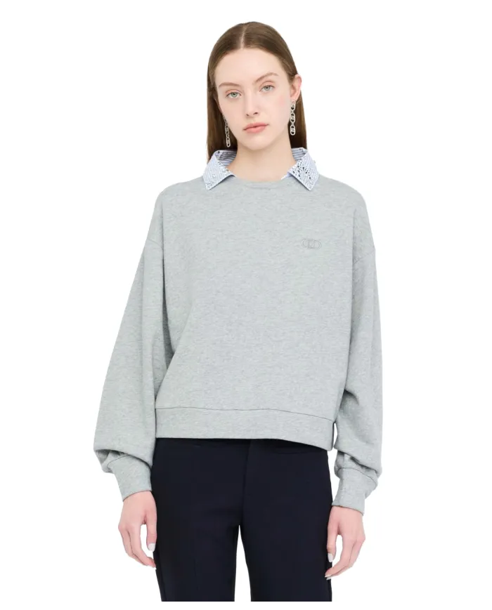 LIU JO Felpa Donna UF5254F0873 AI 25/26 cotone dotata di colletto con dettagli strass 03658 grigio mel stripe LIU JO Felpa Donna UF5254F0873 AI 25/26 cotone dotata di colletto con dettagli strass 03658 grigio mel stripe