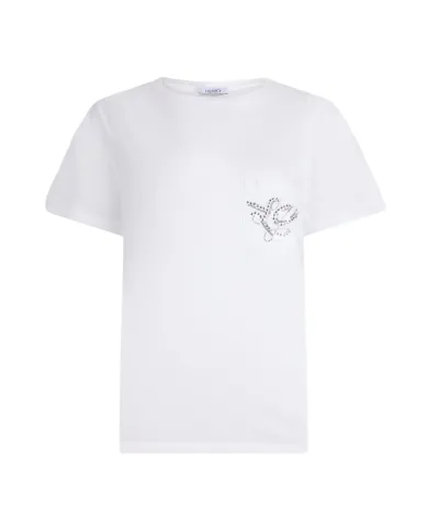 LIU JO T-shirt Donna UF5257JS904 AI 25/26 cotone con logo strass applicato sul taschino M9785 b.co/Lj sequin LIU JO T-shirt Donna UF5257JS904 AI 25/26 cotone con logo strass applicato sul taschino M9785 b.co/Lj sequin