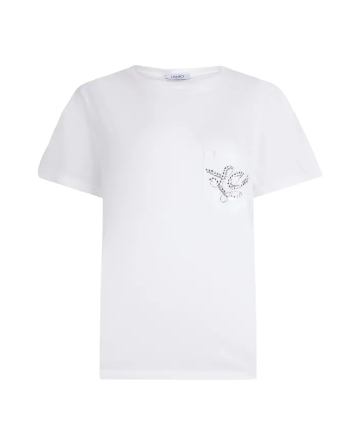 LIU JO T-shirt Donna UF5257JS904 AI 25/26 cotone con logo strass applicato sul taschino M9785 b.co/Lj sequin LIU JO T-shirt Donna UF5257JS904 AI 25/26 cotone con logo strass applicato sul taschino M9785 b.co/Lj sequin