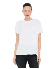 LIU JO T-shirt Donna UF5257JS904 AI 25/26 cotone con logo strass applicato sul taschino M9785 b.co/Lj sequin