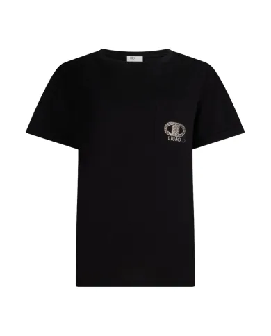 LIU JO T-shirt Donna UF5257JS904 AI 25/26 cotone con logo strass applicato sul taschino M9786 nero/gold LIU JO T-shirt Donna UF5257JS904 AI 25/26 cotone con logo strass applicato sul taschino M9786 nero/gold