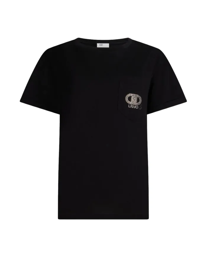 LIU JO T-shirt Donna UF5257JS904 AI 25/26 cotone con logo strass applicato sul taschino M9786 nero/gold LIU JO T-shirt Donna UF5257JS904 AI 25/26 cotone con logo strass applicato sul taschino M9786 nero/gold