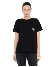 LIU JO T-shirt Donna UF5257JS904 AI 25/26 cotone con logo strass applicato sul taschino M9786 nero/gold