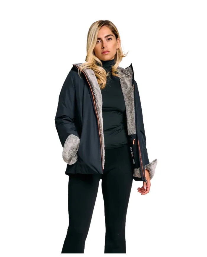 SUNS Giubbotto Donna GBS63023D ALYA FUR AI 25/26 corto con cappuccio ed eco pelliccia interna V2 BLACK