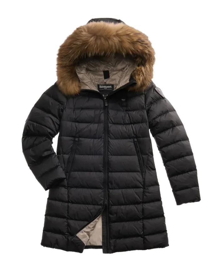 BLAUER Piumino Donna 25WBLDK03103-006047 KRISTIN AI 25/26 lungo con cappuccio e pelliccia 999EI NERO int BEIGE BLAUER Piumino Donna 25WBLDK03103-006047 KRISTIN AI 25/26 lungo con cappuccio e pelliccia 999EI NERO int BEIGE