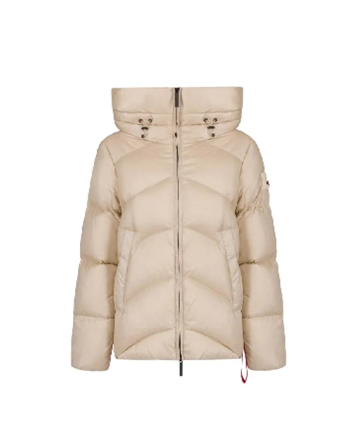 AFTER LABEL Piumino Donna HELSINKIN051 AI 25/26 con collo alto e cappuccio in nylon lucido 030 ECRU AFTER LABEL Piumino Donna HELSINKIN051 AI 25/26 con collo alto e cappuccio in nylon lucido 030 ECRU