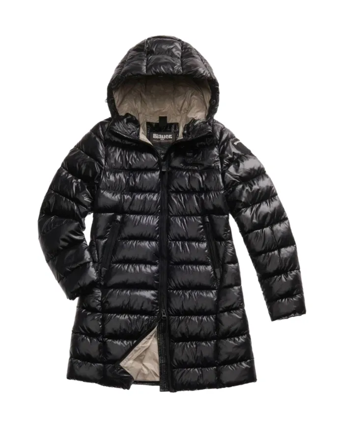 BLAUER Piumino Donna 25WBLDK02069-006648 ADELAIDE AI 25/26 lungo con cappuccio micro rip 999EI NERO int BEIGE