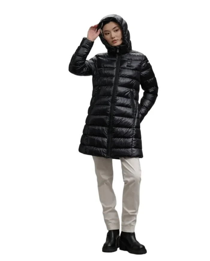 BLAUER Piumino Donna 25WBLDK02069-006648 ADELAIDE AI 25/26 lungo con cappuccio micro rip 999EI NERO int BEIGE