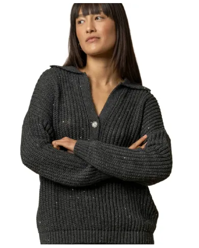 KOCCA Maglia Donna a polo A25PMA7714ABUN0000 ALMERIGO AI 25/26 in lana con bottone gioiello M9002 GRIGIO SCURO