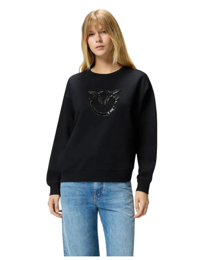 PINKO Felpa Donna 100534A2RO NELLY AI 25/26 girocollo con logo Love Birds gioiello Z99 NERO limousine