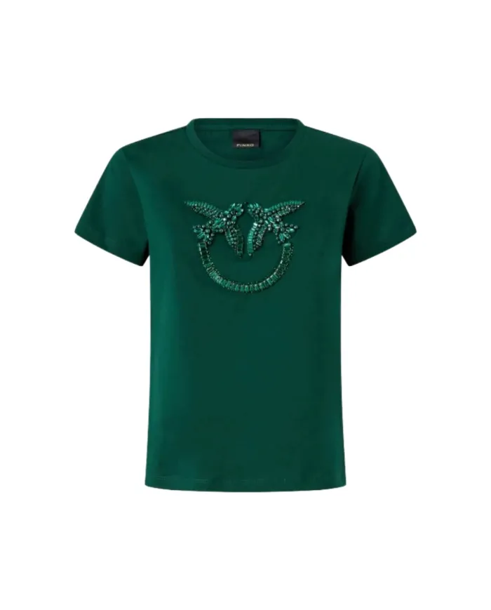 PINKO T-Shirt Donna 100535A2RN QUENTIN AI 25/26 girocollo con logo Love Birds gioiello X79 VERDE VENA