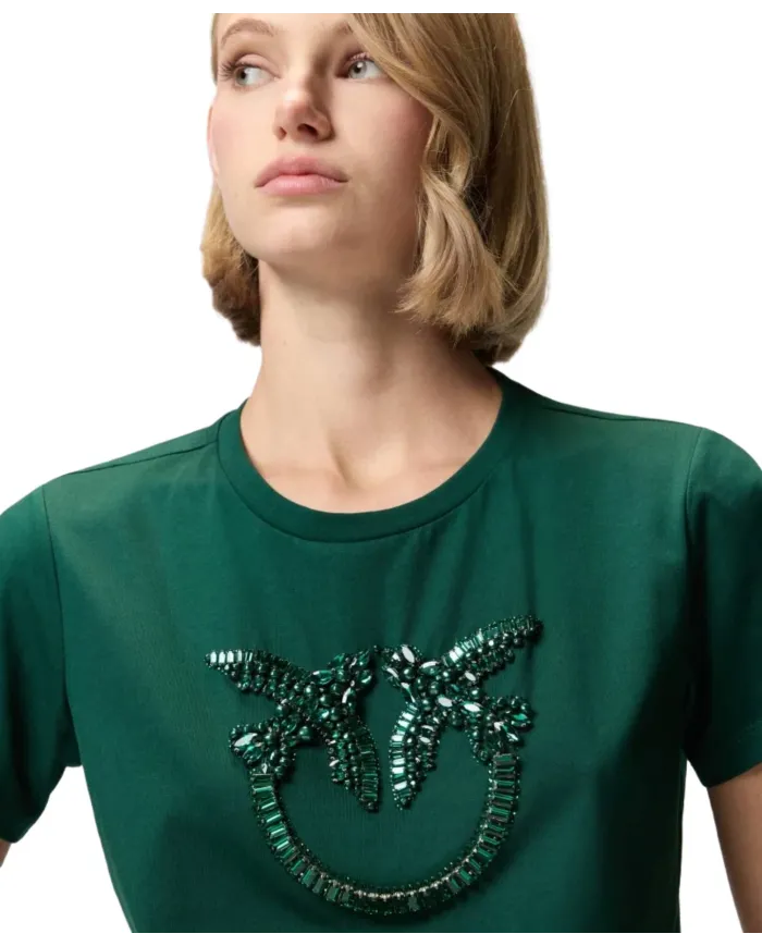 PINKO T-Shirt Donna 100535A2RN QUENTIN AI 25/26 girocollo con logo Love Birds gioiello X79 VERDE VENA