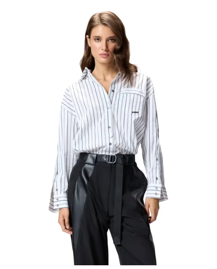 PINKO Camicia Donna 106797A3C4 PIGNOLATA AI 25/26 a righe con taschino e logo ZZ1 BIANCO/NERO