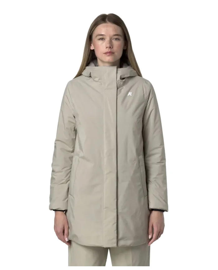 K-WAY Giaccone Donna K71326W SOPHIE AI 25/26 lungo waterproof con cappuccio B2X Beige cashmere-Grey