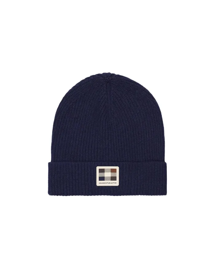 AQUASCUTUM Berretto Uomo AW_ICON_CP007 AI 25/26 beanie in lana con patch 11 NAVY