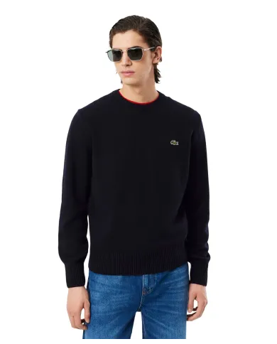 LACOSTE Maglia Uomo AH2916 AI 25/26 Classic Fit a girocollo in jersey di lana cardata 166 BLU NAVY