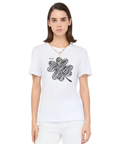 LIU JO T-Shirt Donna MF5410JS923 AI 25/26 manica corta con stampa e ricamo pietre P9154 B.CO LUCKY