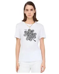 LIU JO T-Shirt Donna MF5410JS923 AI 25/26 manica corta con stampa e ricamo pietre P9154 B.CO LUCKY