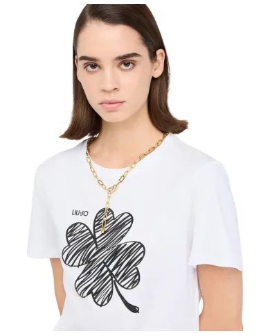 LIU JO T-Shirt Donna MF5410JS923 AI 25/26 manica corta con stampa e ricamo pietre P9154 B.CO LUCKY