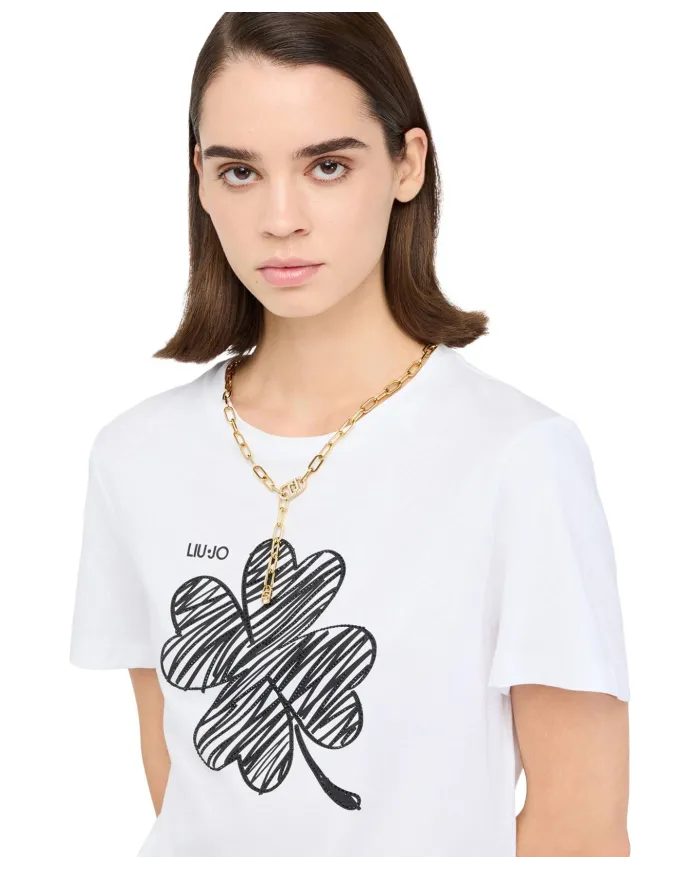LIU JO T-Shirt Donna MF5410JS923 AI 25/26 manica corta con stampa e ricamo pietre P9154 B.CO LUCKY