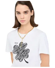 LIU JO T-Shirt Donna MF5410JS923 AI 25/26 manica corta con stampa e ricamo pietre P9154 B.CO LUCKY