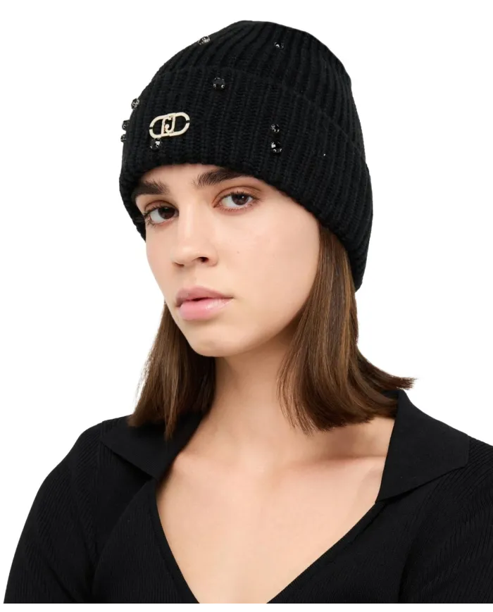 LIU JO Berretto Donna 2F5017M0300 AI 25/26 in maglia con strass 22222 NERO