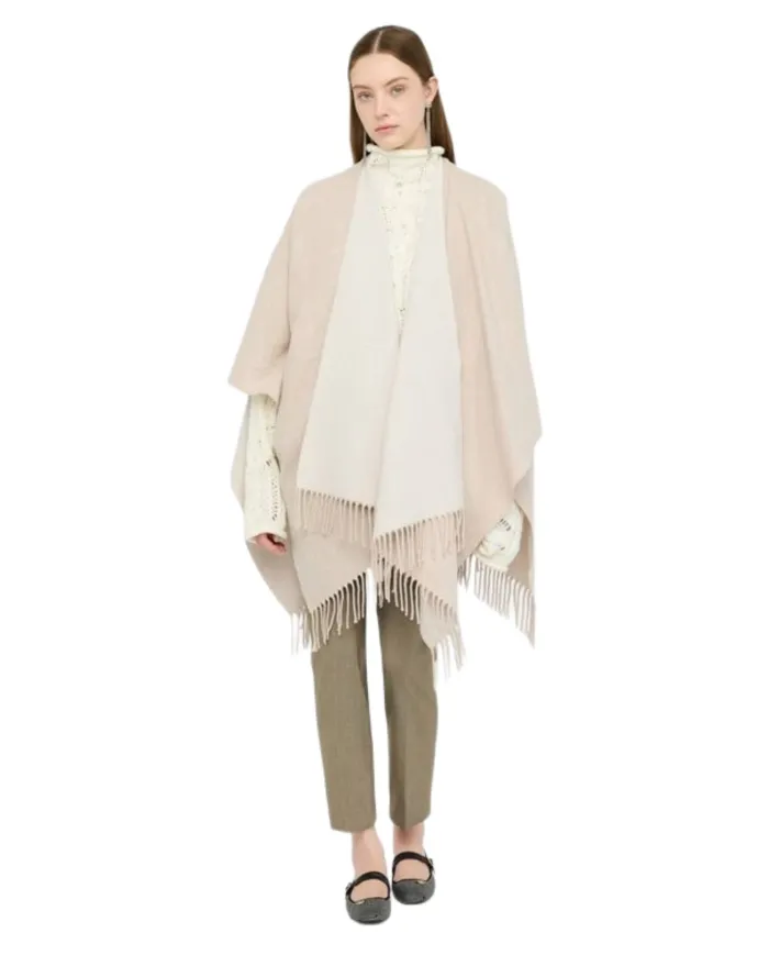 LIU JO Poncho Donna 2F5034T0300 AI 25/26 con logo a rilievo e frange. 30003 OAT MILK