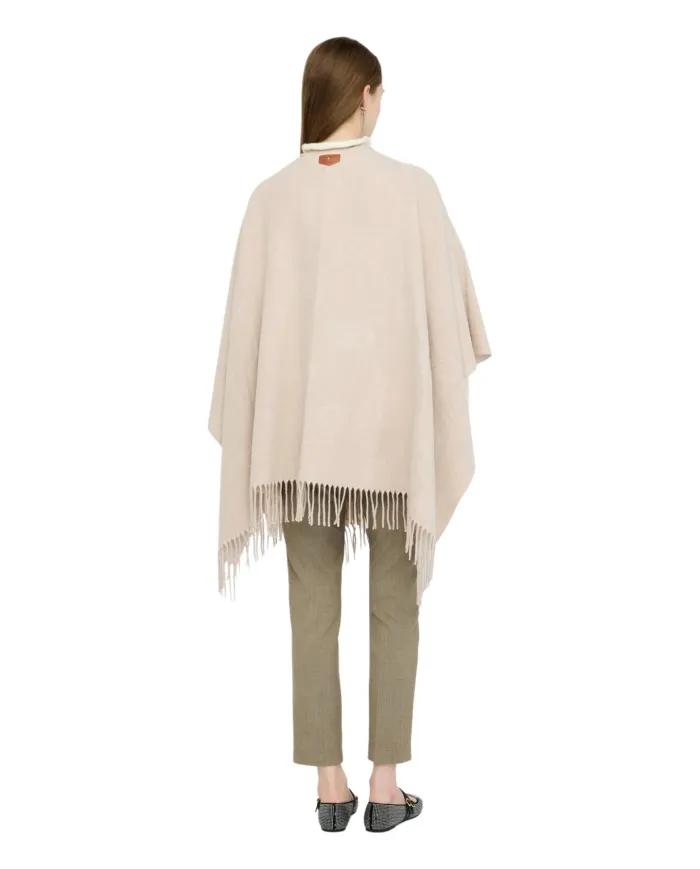 LIU JO Poncho Donna 2F5034T0300 AI 25/26 con logo a rilievo e frange. 30003 OAT MILK
