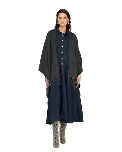 LIU JO Poncho Donna 2F5034T0300 AI 25/26 con logo a rilievo e frange. 71502 Grey cloud