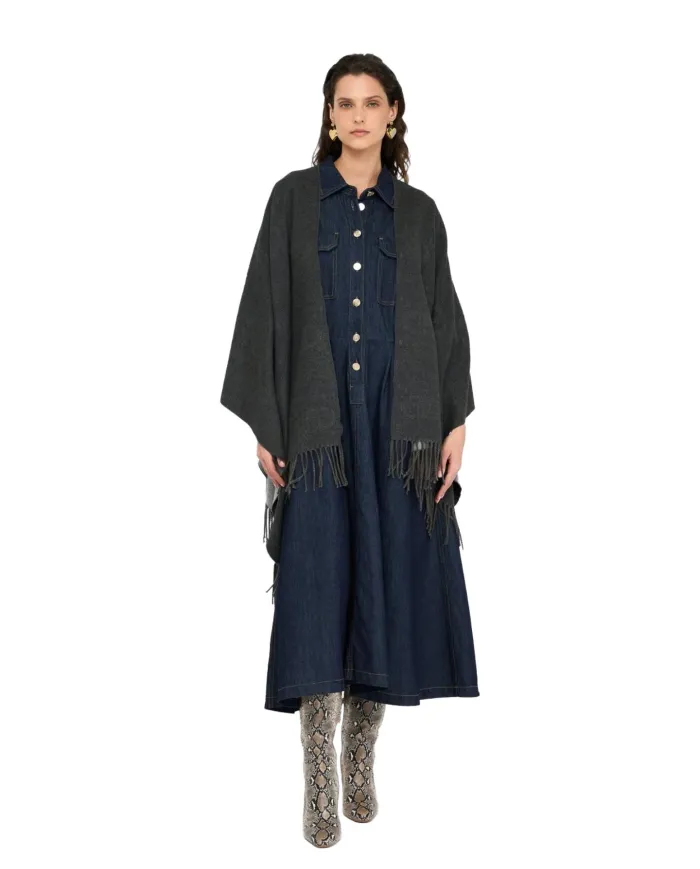 LIU JO Poncho Donna 2F5034T0300 AI 25/26 con logo a rilievo e frange. 71502 Grey cloud