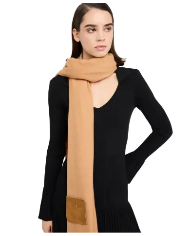 LIU JO Sciarpa Donna 2F5048T0300 AI 25/26 garzata con patch logo e frange 00070 CAMMELLO