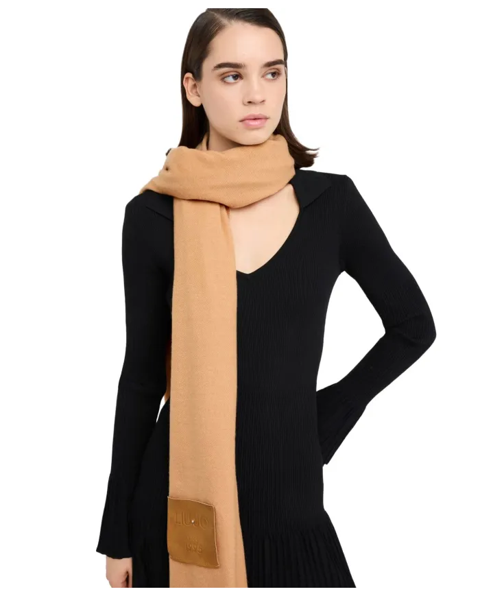 LIU JO Sciarpa Donna 2F5048T0300 AI 25/26 garzata con patch logo e frange 00070 CAMMELLO