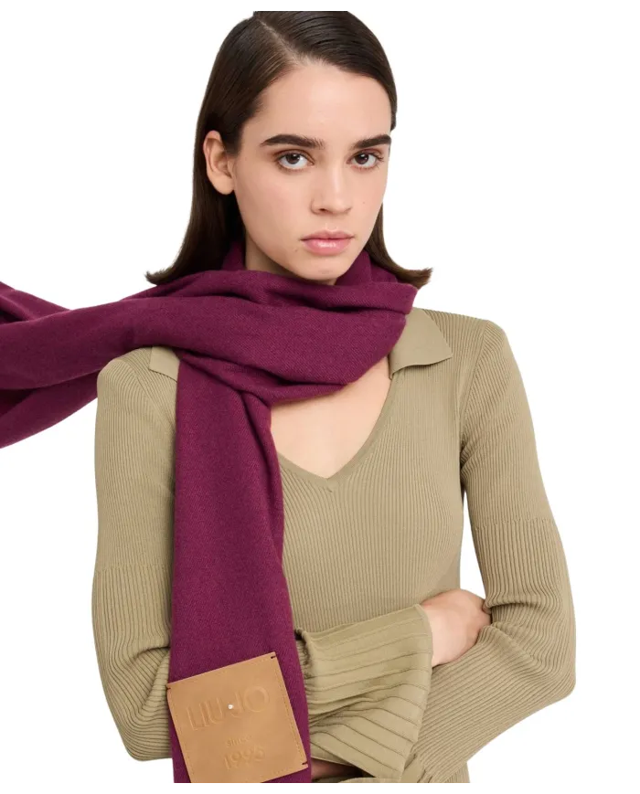LIU JO Sciarpa Donna 2F5048T0300 AI 25/26 garzata con patch logo e frange 91718 RED aubergine