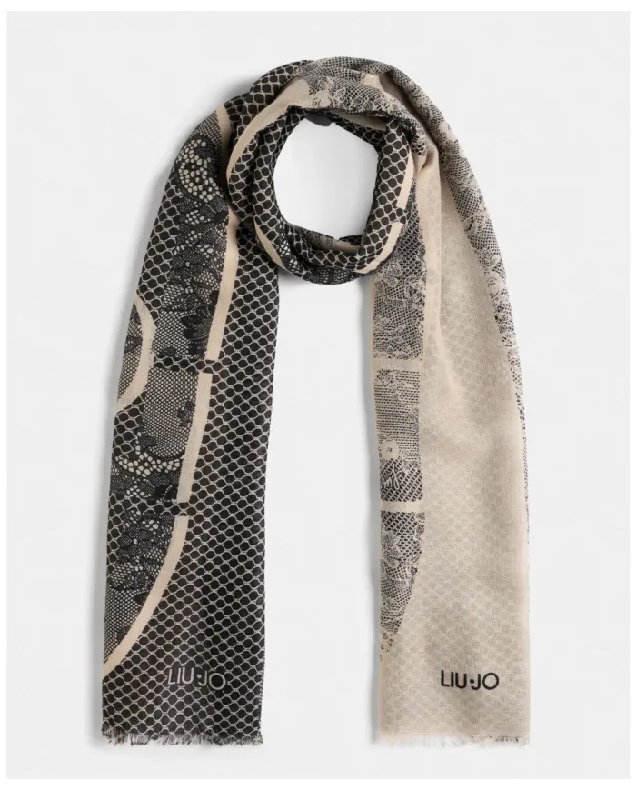 LIU JO Stola Donna 2F5068T0300 AI 25/26 con stampa logo e pizzo 00365 NEUTRO