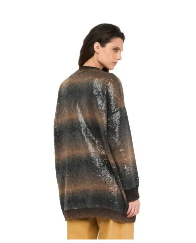 LIU JO Cardigan Donna MF5248MA14R AI 25/26 lungo con paillettes in maglia S9472 brown shaded