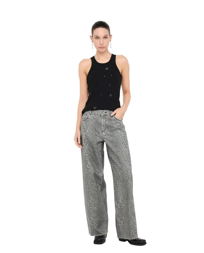 LIU JO Pantalone Donna MF5333T160 AI 25/26 flare con stampa animalier e strass P9132 Grey chic