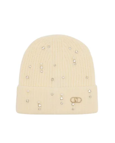 LIU JO Berretto Donna 2F5017M0300 AI 25/26 in maglia con strass e perle 10701 BIANCO LANA