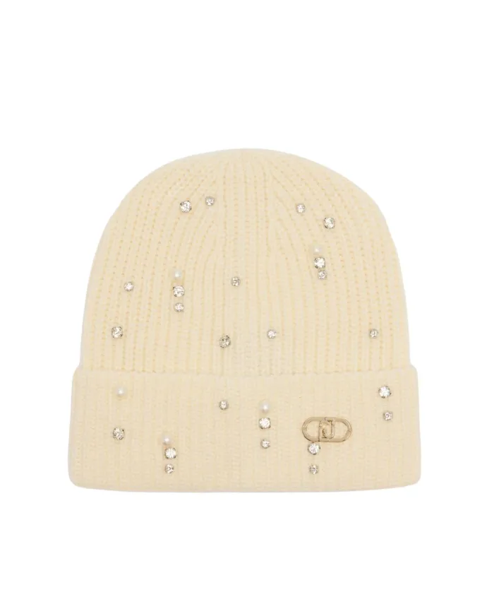 LIU JO Berretto Donna 2F5017M0300 AI 25/26 in maglia con strass e perle 10701 BIANCO LANA