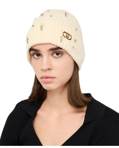 LIU JO Berretto Donna 2F5017M0300 AI 25/26 in maglia con strass e perle 10701 BIANCO LANA