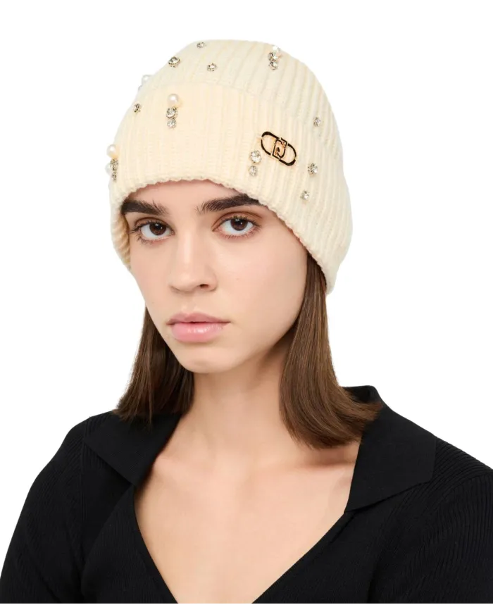 LIU JO Berretto Donna 2F5017M0300 AI 25/26 in maglia con strass e perle 10701 BIANCO LANA