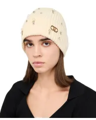 LIU JO Berretto Donna 2F5017M0300 AI 25/26 in maglia con strass e perle 10701 BIANCO LANA