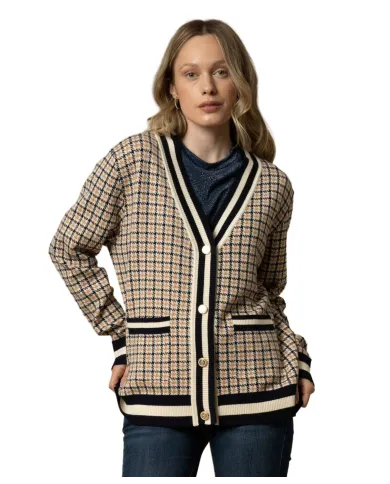 KOCCA Cardigan Donna A25PMA7283ABFA0000 ARMANDA AI 25/26 con fantasia pied de poule e bottoni F4005 Fant miele/blu