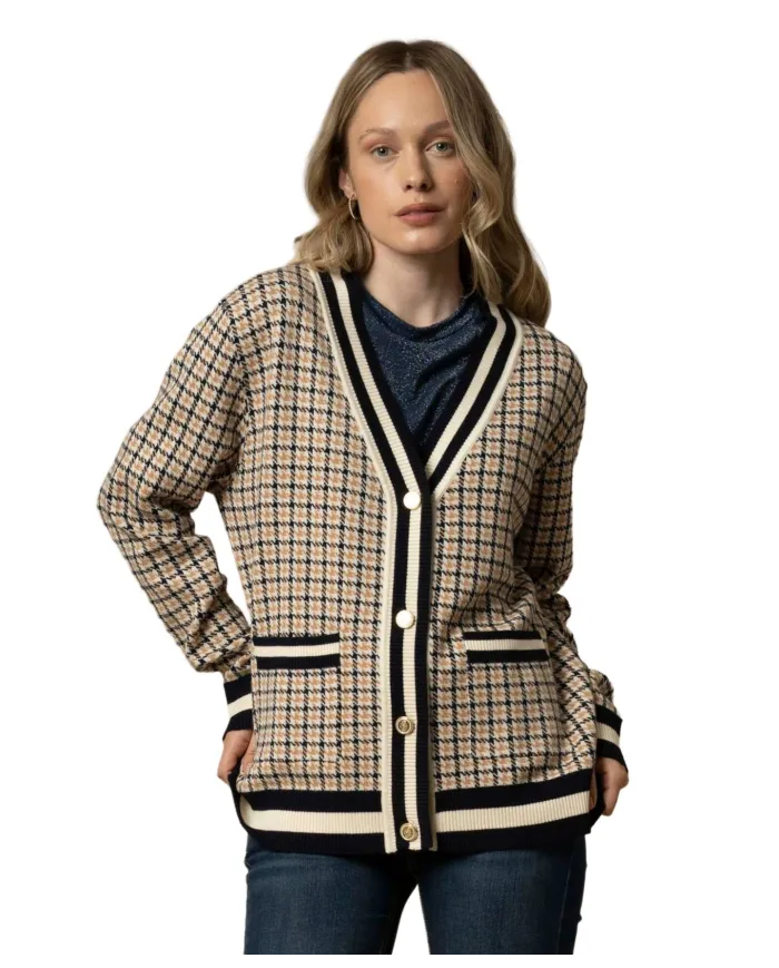 KOCCA Cardigan Donna A25PMA7283ABFA0000 ARMANDA AI 25/26 con fantasia pied de poule e bottoni F4005 Fant miele/blu