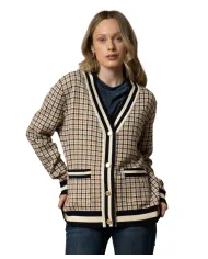 KOCCA Cardigan Donna A25PMA7283ABFA0000 ARMANDA AI 25/26 con fantasia pied de poule e bottoni F4005 Fant miele/blu