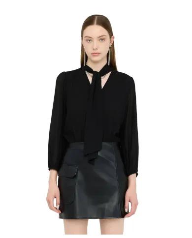 LIU JO Abito Donna MF5072E0624 AI 25/26 con fiocco e gonna tessuto spalmato 22222 NERO