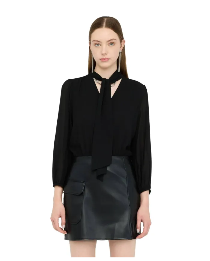 LIU JO Abito Donna MF5072E0624 AI 25/26 con fiocco e gonna tessuto spalmato 22222 NERO