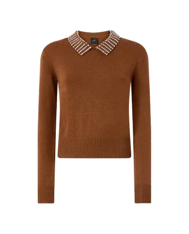 PINKO Maglia Donna 105530 A2S4 VENTOTENE AI 25/26 viscosa con colletto dotata di strass applicate L81 MARRONE