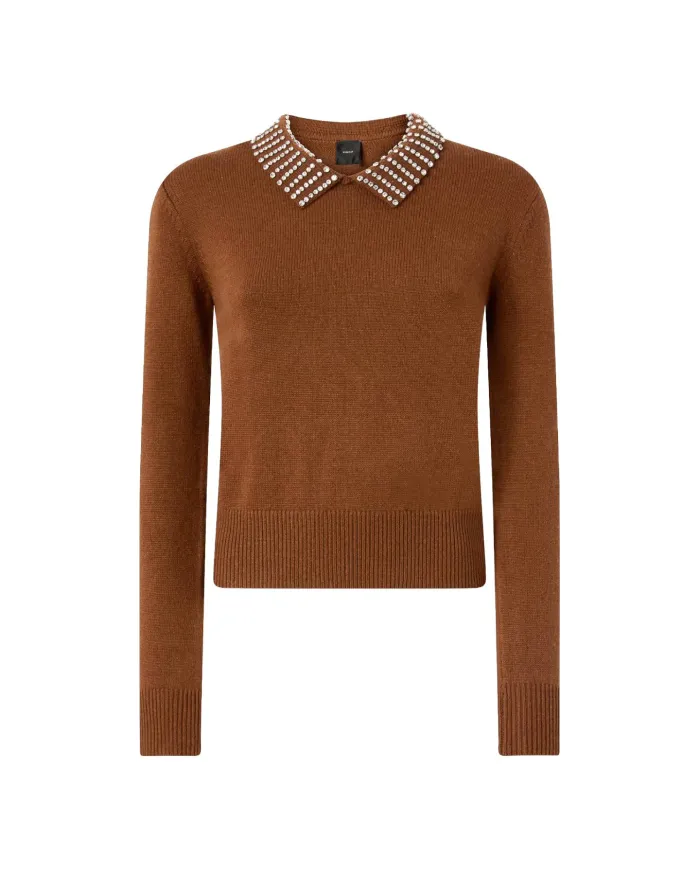 PINKO Maglia Donna 105530 A2S4 VENTOTENE AI 25/26 viscosa con colletto dotata di strass applicate L81 MARRONE